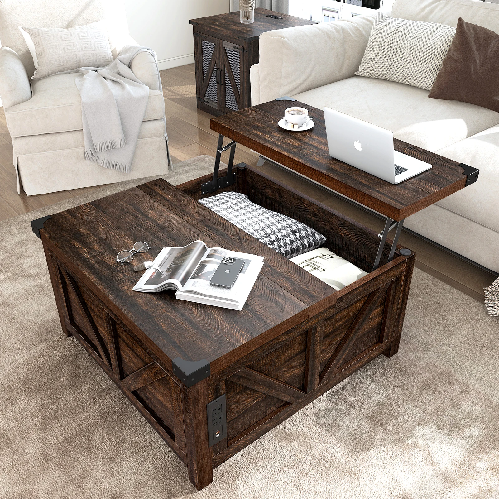 Farmhouse Lift Top Coffee Table, Living Room Central Table with Hidden Space, Wood Square Center Table w/Charging Station, Brown