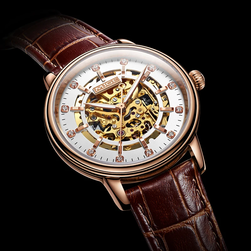 MIGE Mens Skeleton Automatic Watch Hollow Mechanical Dial Diamond Hour Mark Brown Leather Band Business Male Wrist Watch