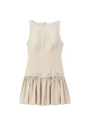 Imagen 2 del producto Minivestido con volantes y lazos para mujer, cuello redondo, sin mangas, cremallera trasera, vestidos femeninos, moda elegante