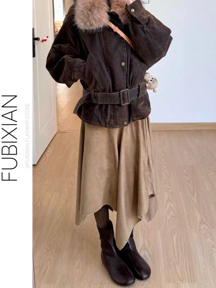 

Винтажная коричневая замшевая асимметричная юбка с завышенной талией средней длины, облегающая, в стиле ретро, женская модная коллекция Весна 2026