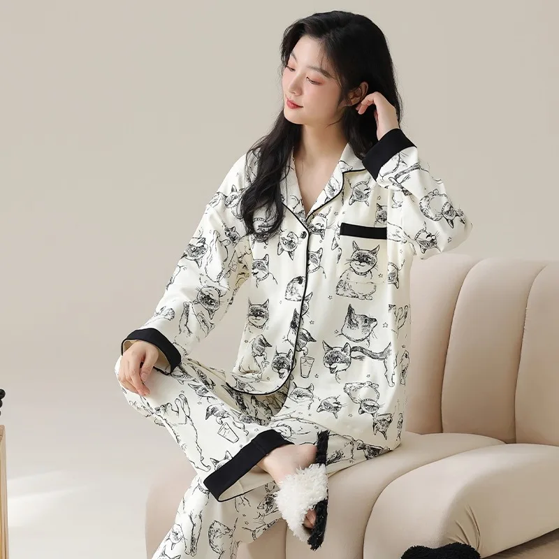 Pajama Sets Women Chic Printed Slouchy Sweet Cozy All-match Outwear Homewear Turn-down Collar Pyjamas Trendy Popular Ins Autumn