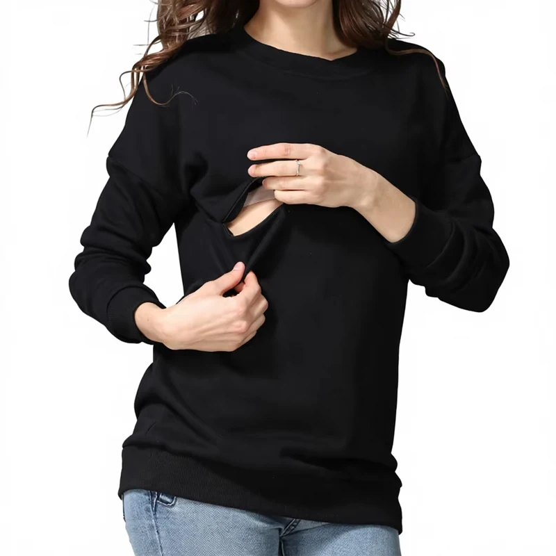 Warm Fleece Lined Nursing Maternity Sweatshirt round Neck Lift Front Feeding Layer Long Sleeve Winter Top for Pregnant Women
