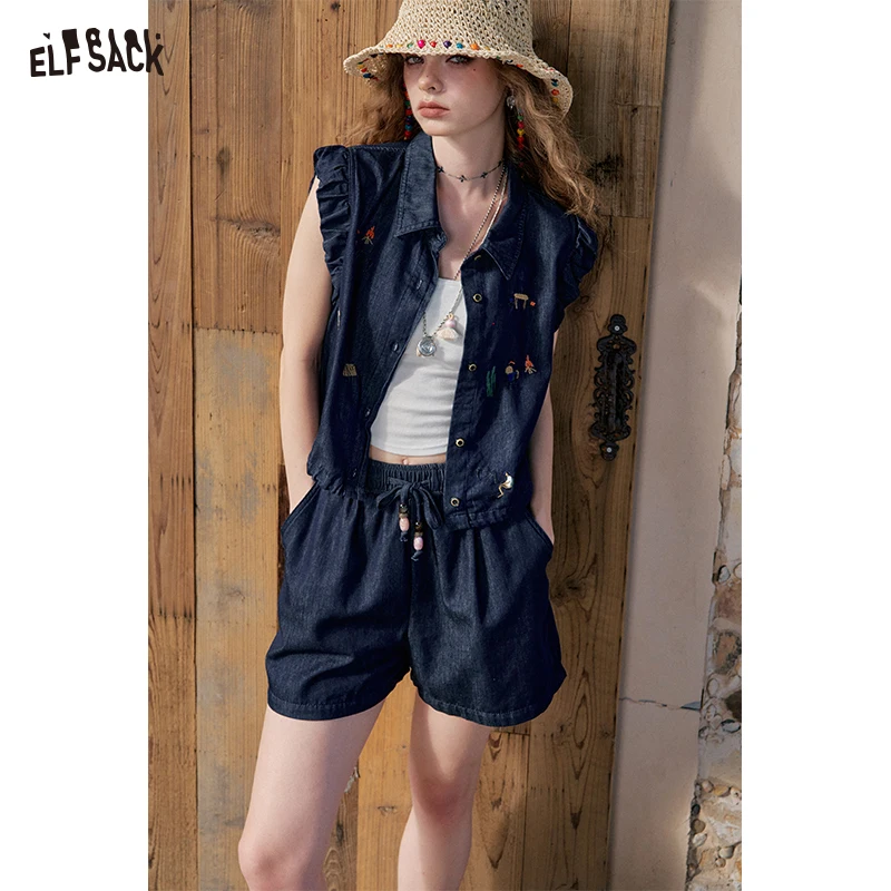 

ELFSACK 2025 Summer New Arrival Casual Embroidered Fly sleeve Denim Jacket Shorts Vintage Two-Piece Set For Women