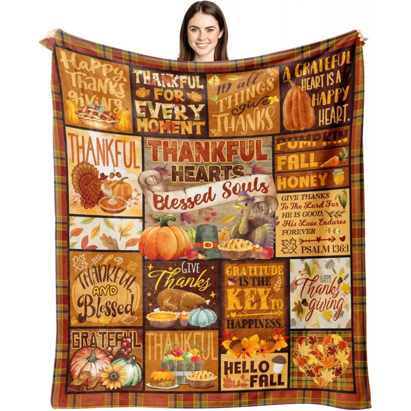 

Thanksgiving Pumpkin Blanket Autumn Home Decoration Turkey Maple Leaf Plaid Cover Blanket 60INX50IN