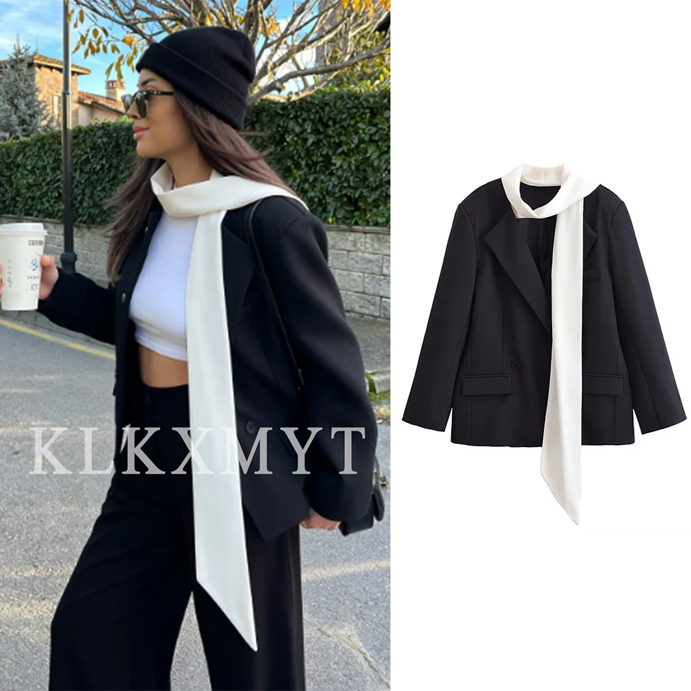 Women's Suit Jackets 2025 Autumn Winter New Fashion Solid Color Scarf Collar Suit Jacket Female High Street Elegant New Coats