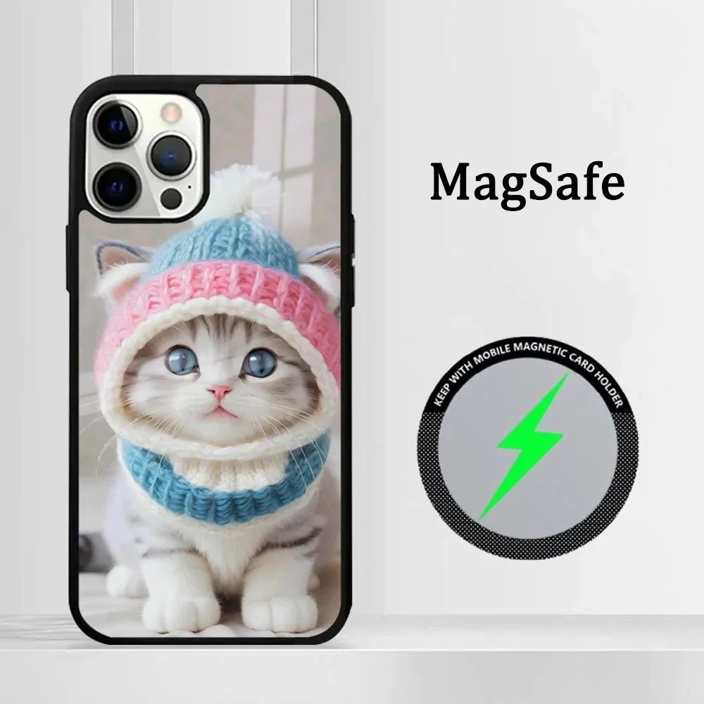 Cute Marshmallow cat Phone Case For iPhone 15 14 13 12 11 Pro Max Plus Mini Mirror Magnetic Cover