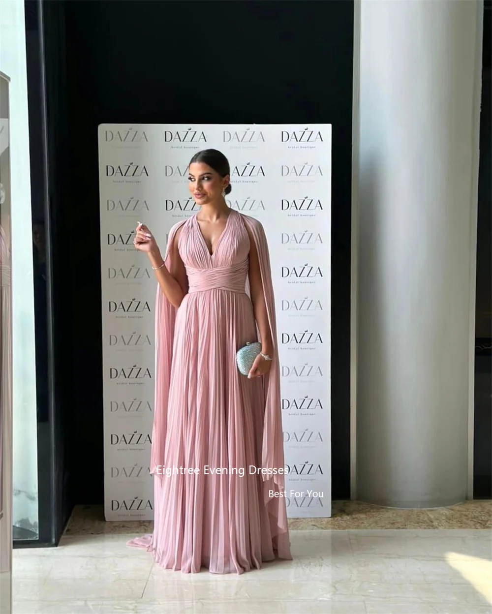 Eightree Pink Chiffon Evening Dresses V Neck Long A Line Pleat Cap Sleeves Pleat Vestidos De Gala Formal Occasion Dresses 2023