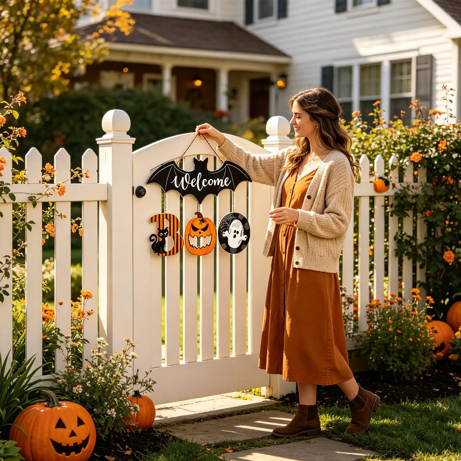 Halloween Welcome Sign Wooden Front Door Decorations Spooky Bat Welcome Hangable Sign For Indoor Outdoor Living Room Bedroom