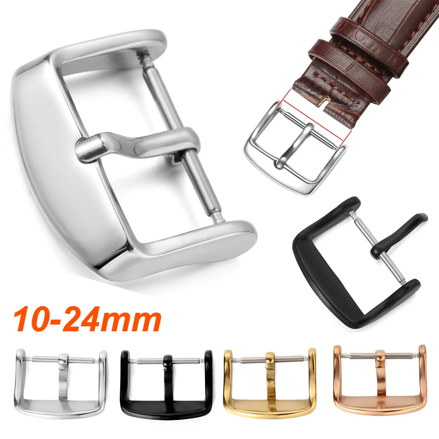 Leather Watch Band Buckle 10/14/16/18/20/22/24mm Watchband Strap Silver Black Gold Stainless Steel Pin Clasp Accessories