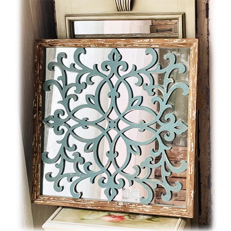 Vintage Shabby Chic Square Wall Mirror with Hand-Carved Floral Design: French Countryside Inspired Wall Decor