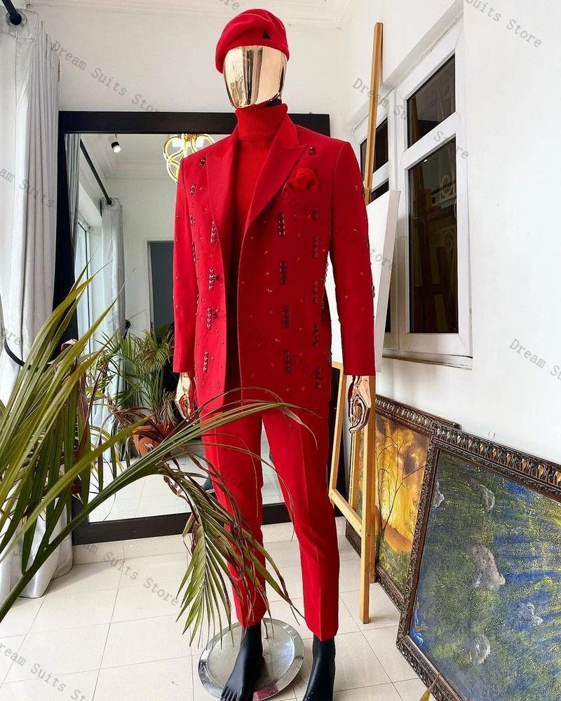 

Red Beaded Crystals Men Suit Set 2 Pieces Blazer+Pants Trousers Formal Office Coat Autumn Groom Wedding Tuxedo Customized Jacket