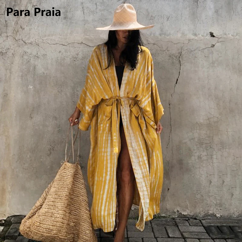 Para Praia Kimono 2024 Beach Robe Swimsuit Cover Ups Beachwear Long Sleeve Dress Sarong Women Loose Cardigan Bikini Covers