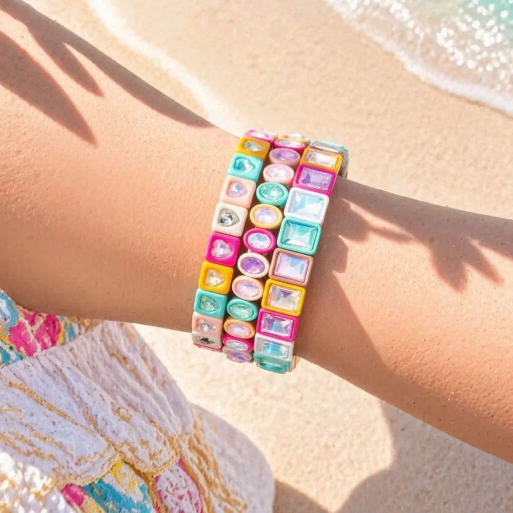 Cute Multi‑Shape Rhinestone Enamel Stretch Bracelet Set Pastel Rainbow Stackable Beaded Bracelets Trendy Jewelry Gift for Teen