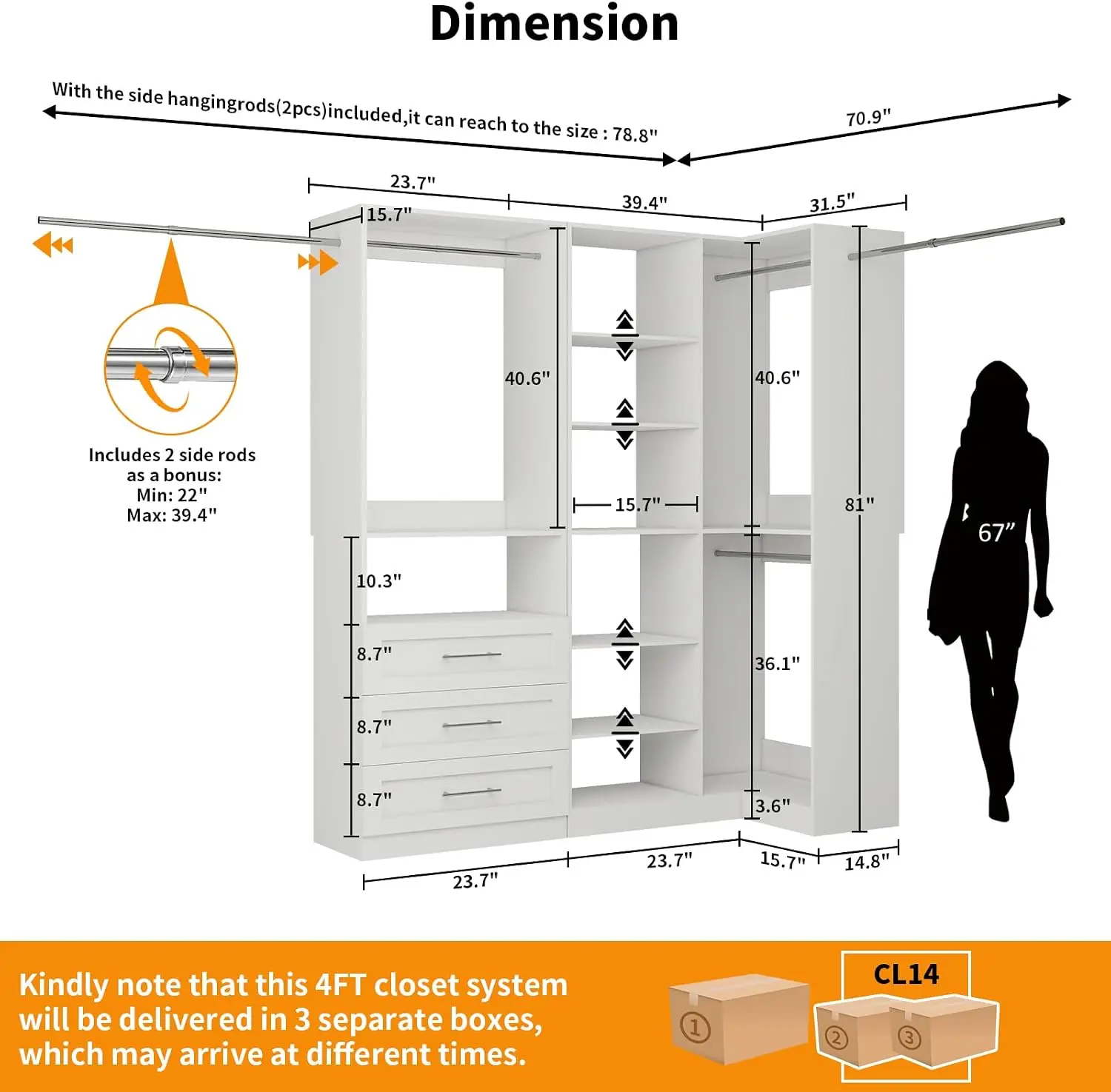 Corner Closet System With Drawers, Modular Walk In Wardrobe Organizer, Multi Tier Storage Tower With Hanging Rods, Heavy Duty Freestanding Garment Rack, Modern Minimalist Style, White, 2 Sets