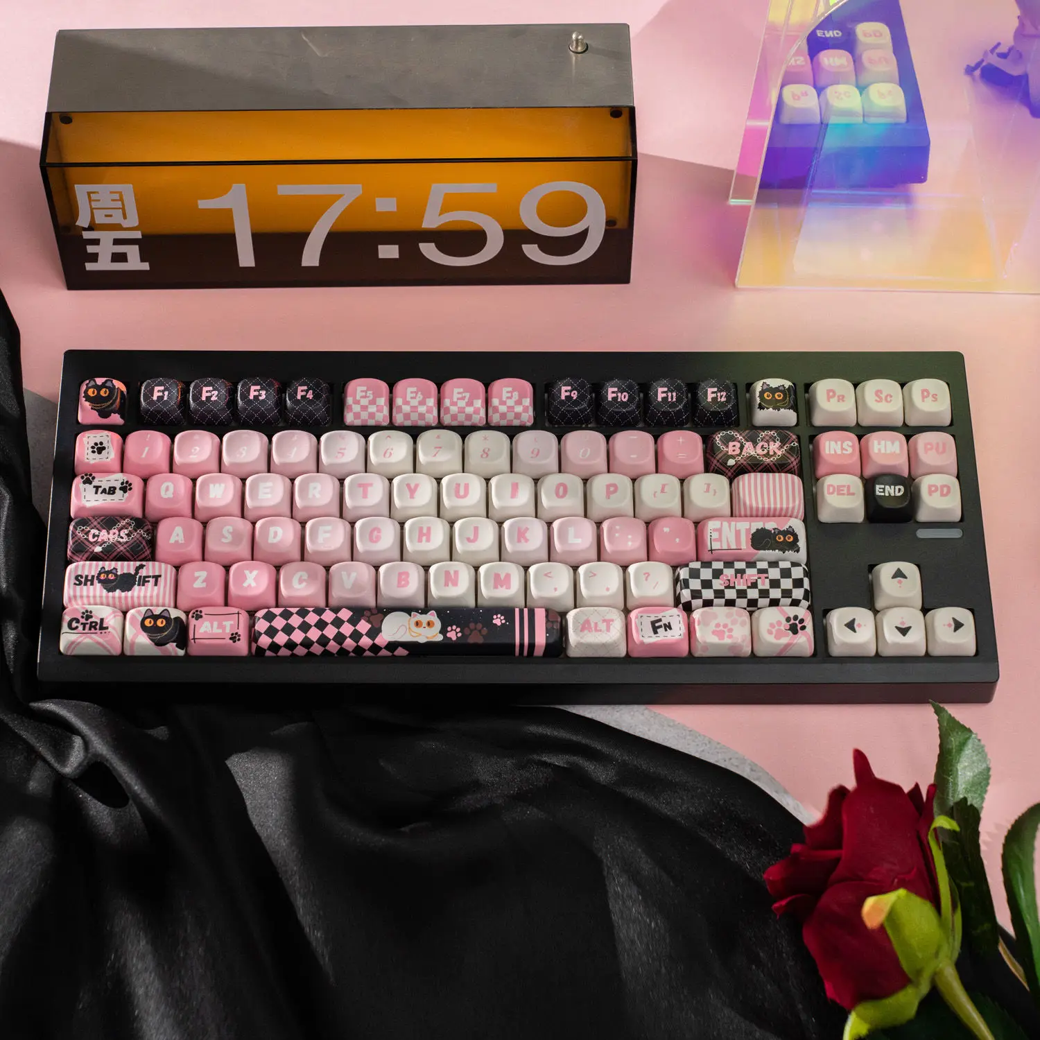 

131 Keys Pink Cool Cat Custom PBT Dye Sublimation Keycaps Cute MOA Profile Keycaps for Cherry MX Switches Mechanical Keyboard