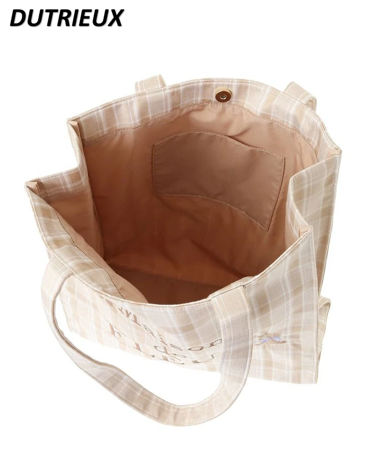 2025 Spring Summer Women's Bags Japanese Style Bear Embroidered Casual Checkered Pattern Tote Thick Canvas Tote Bag