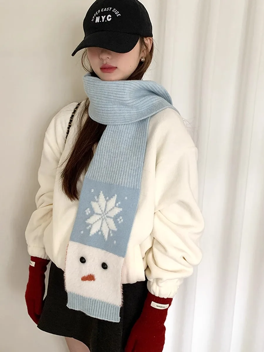 Women's Winter Warm Neck Scarf With Wool, Christmas Atmosphere, Fluffy Snowman And Snowflake Design, Versatile Small Neck Warmer