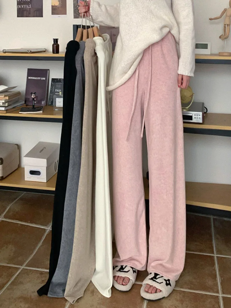 

Casual Elastic High Waist Drawstring Knitted Trousers Women Autumn Winter Loose Warm Wide Leg Pants Female