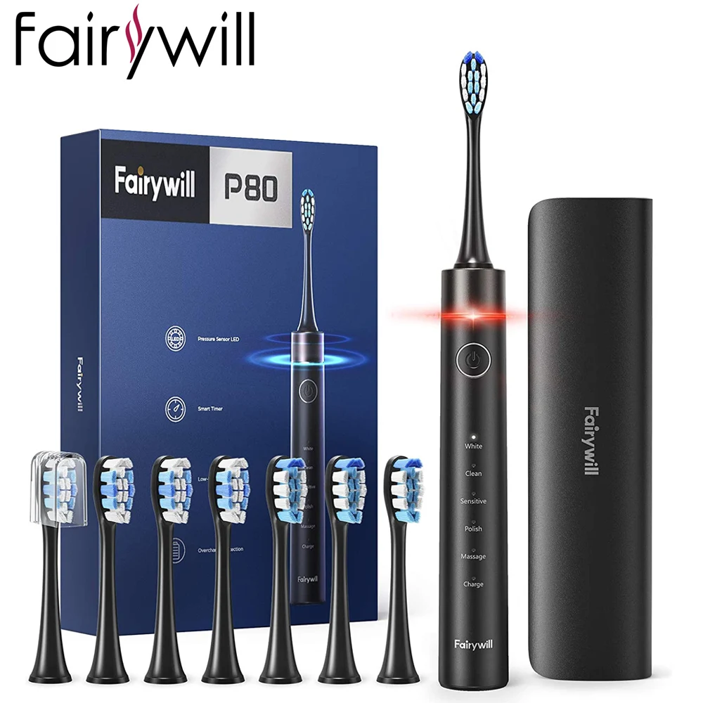 Fairywill Electric Toothbrush P80 Smart Timer Quiet IPX7 Waterproof Fast Charging 8 Replacement Heads 5 Modes with Travel Case