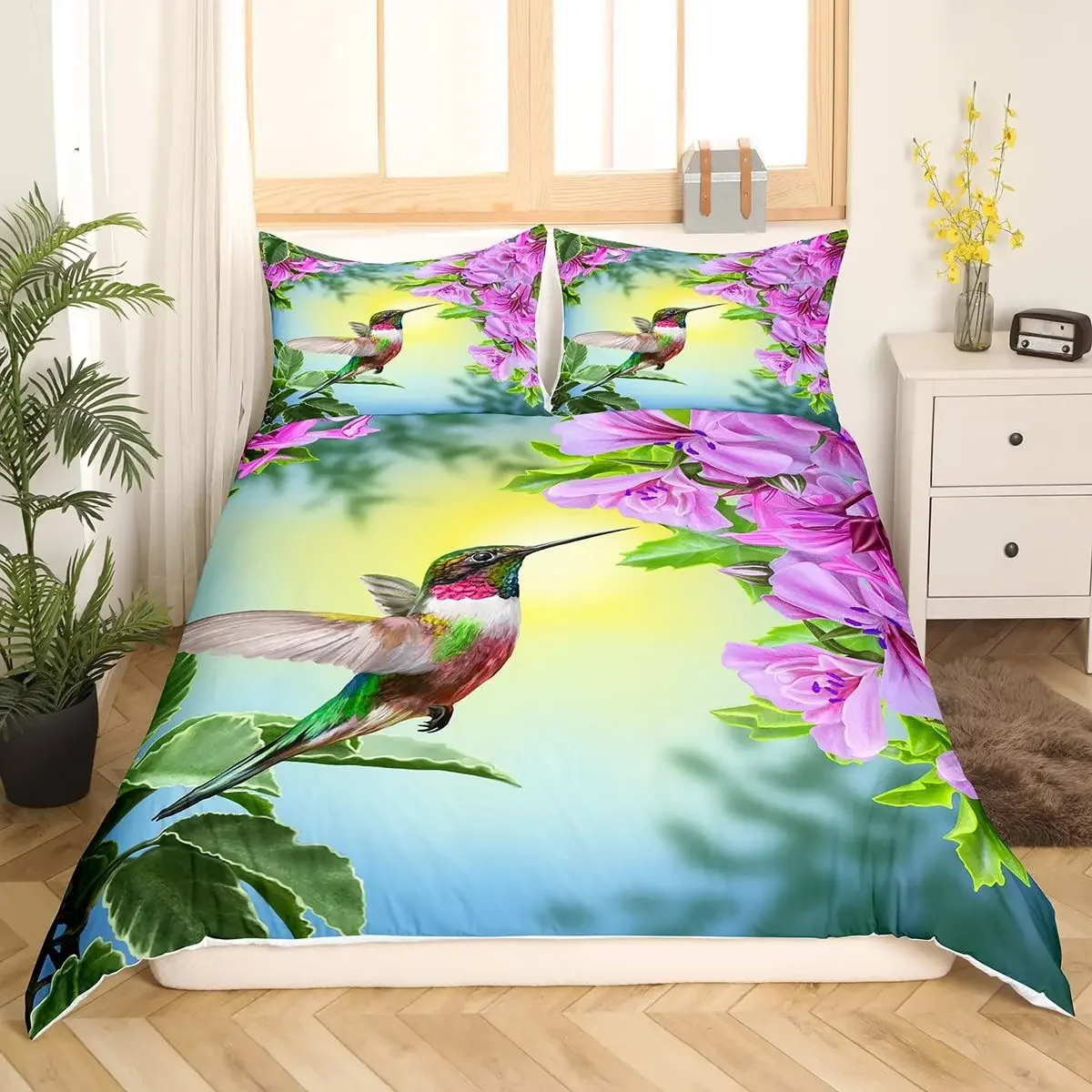 Hummingbird Orchid Flowers Bouquet Print Bedding Set, Decorative Quilted 3 Piece Duvet Cover Set with 2 Pillow Shams, Full Size