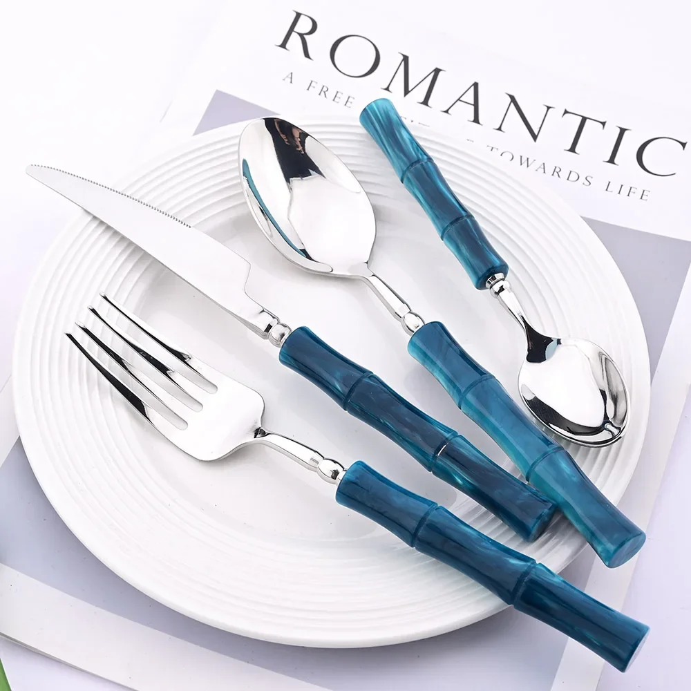 Imitation Bamboo Handle Dinnerware Set 304 Stainless Steel Cutlery Luxury Knife Fork Spoon Dinner Flatware Silverware Set