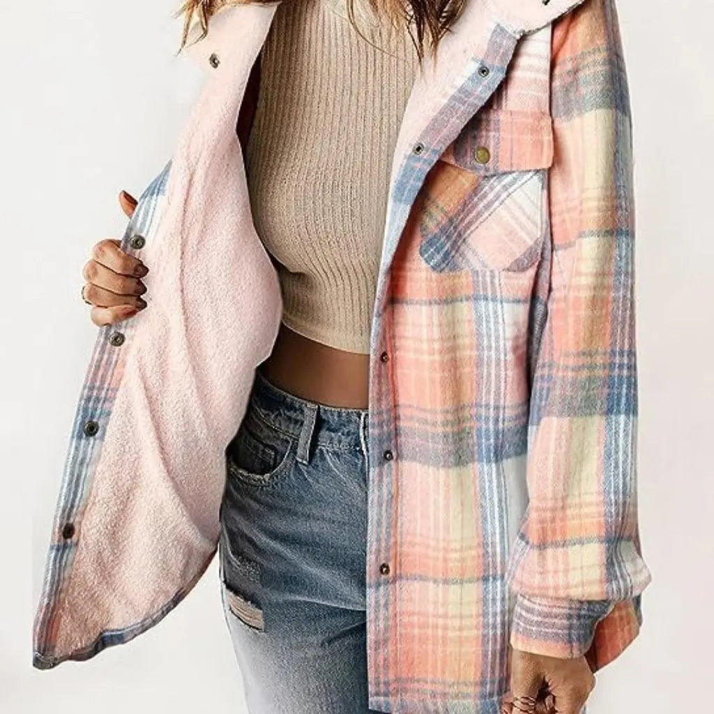 

Women's Plaid Hooded Jacket Long Sleeve Buckle Detail Warm Autumn Winter Outerwear by