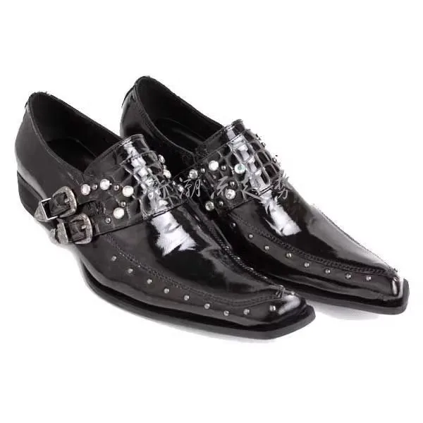 Luxury Men Formal Black Patent Leather Dress Shoes Pointed Toe Monk Strap With Rivet Decor For Wedding Prom Business Banquet