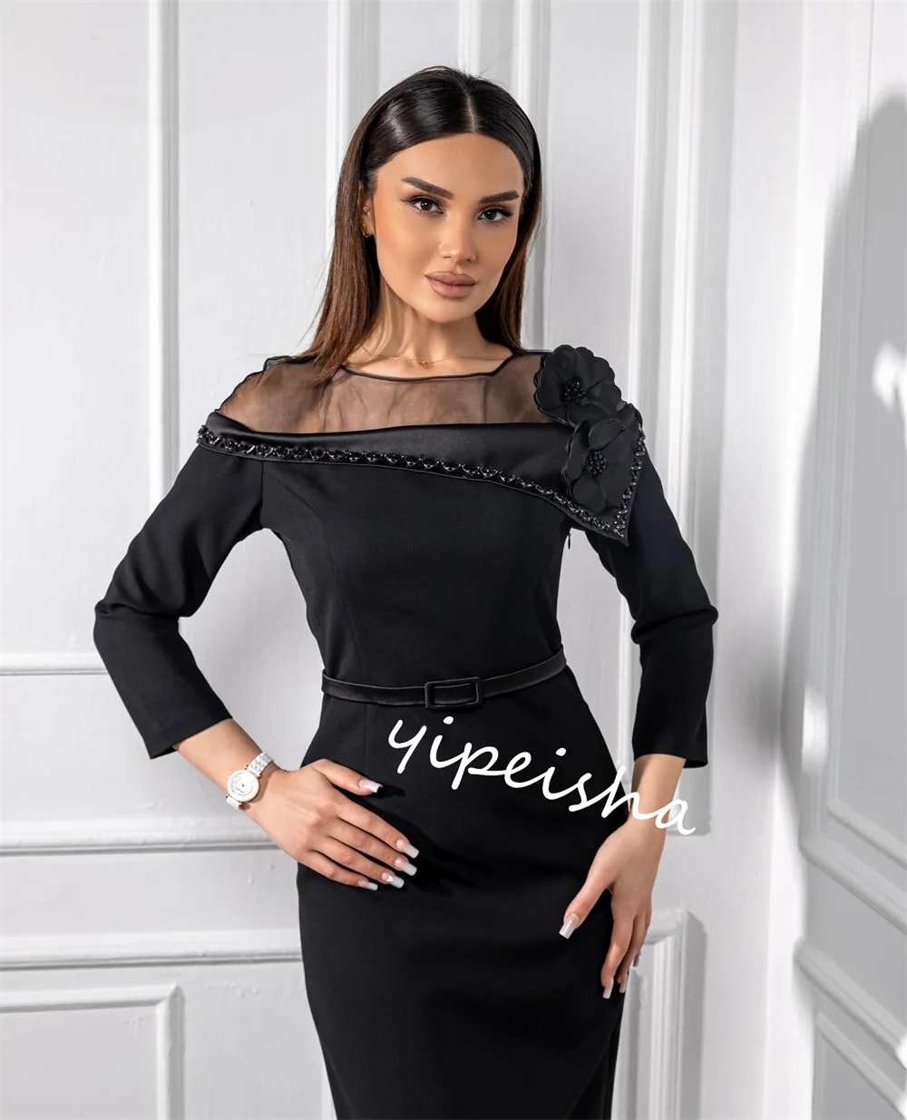 Satin Sash Beading Flower A-line O-Neck Bespoke Occasion Gown Midi Dresses