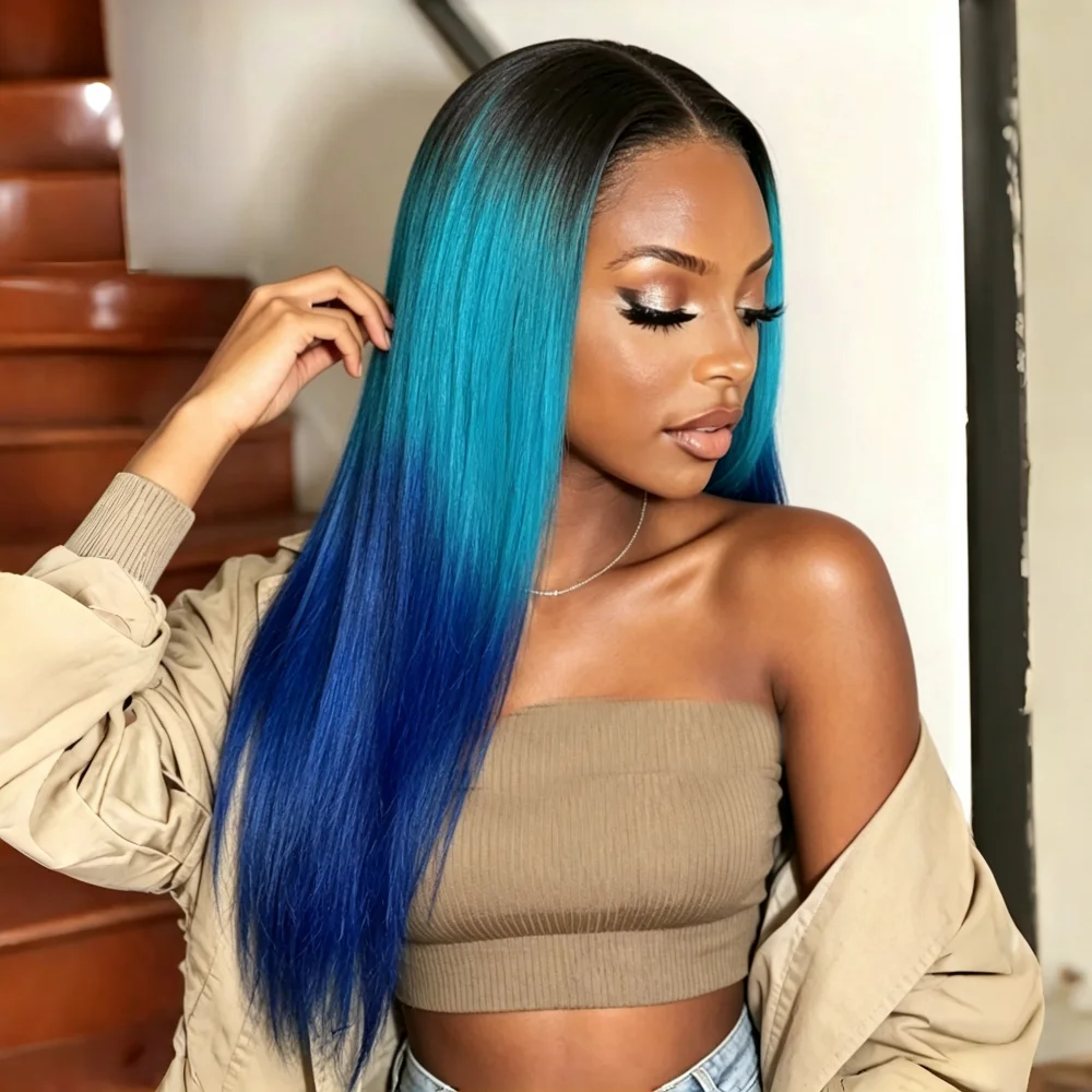 24 Inch Straight Ombre Black Root Turquoise to Royal Blue Human Hair Wig, 13x4 Transparent Lace Front Wig Pre Plucked Natural