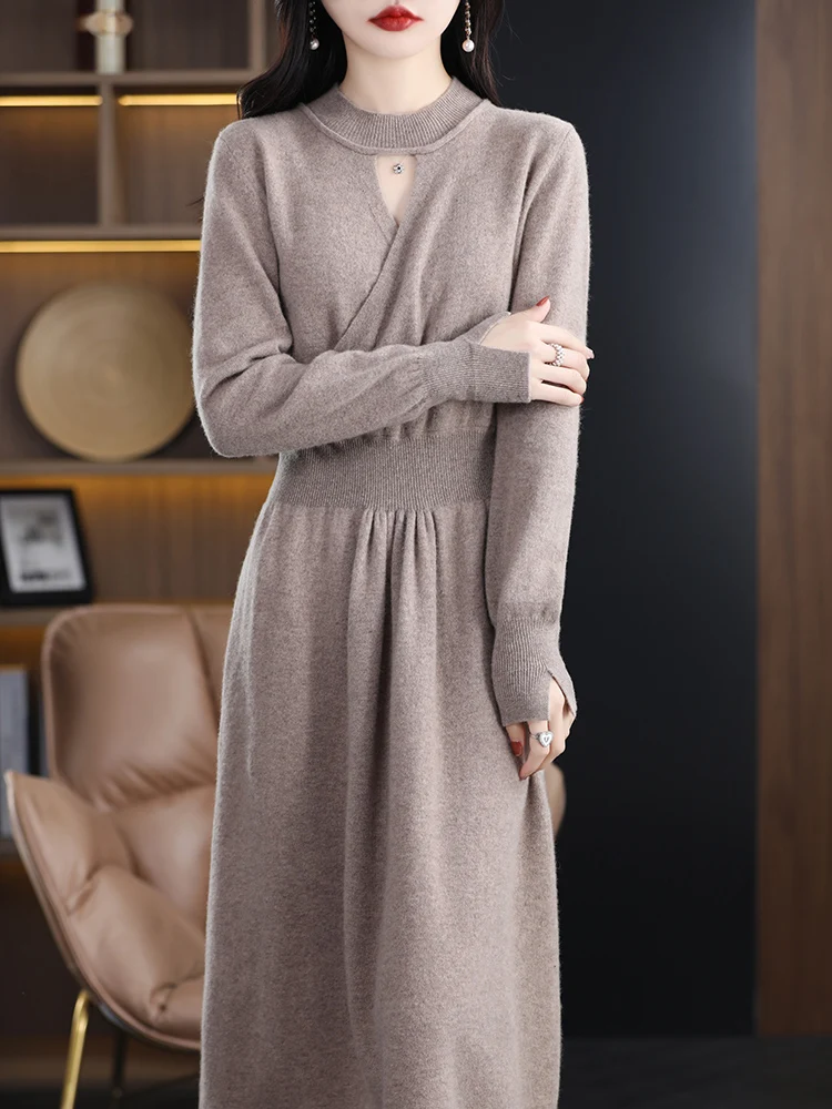 Suéter de cachemira para mujer, Jersey de punto de lana merina de 100%, vestido ajustado Wais, cuello redondo, moda larga, novedad de Otoño Invierno 2024