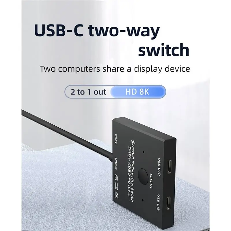 AS95 2 Port Bi-Directional USB C KVM Switch, 1x2/2x1 KVM Switch for Laptops Monitor, 100W Charging+10Gbps Data+8K Video