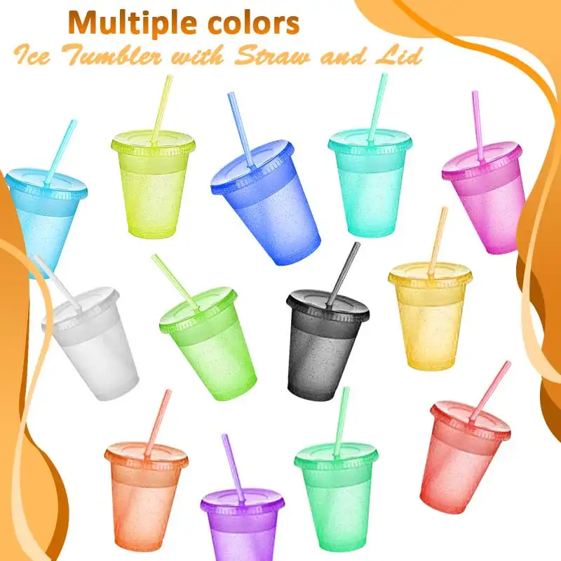 Bulk glitter plastic cups with straw and lid, suitable for cold drinks, reusable, party cups - 16 oz (color random)