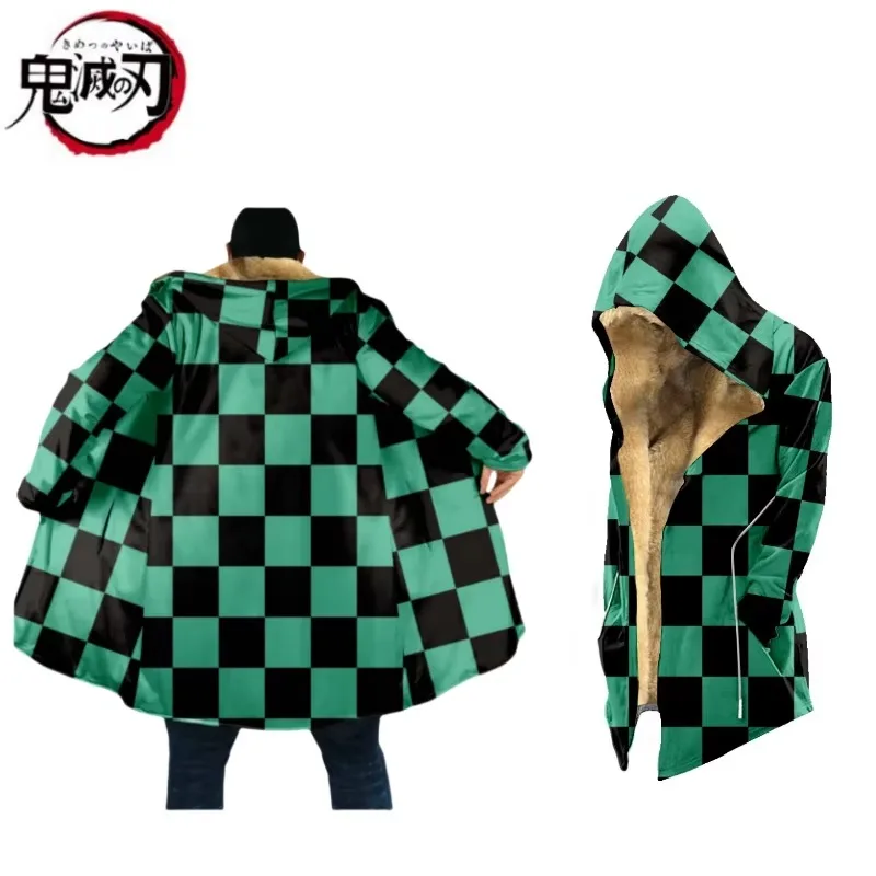 Anime Demon Slayer Cloak Thick Warm Winter Oversized Hoodie Coat Zip Up Sweatshirt Loose Top Plus Size Boy Girl Plush Jackets