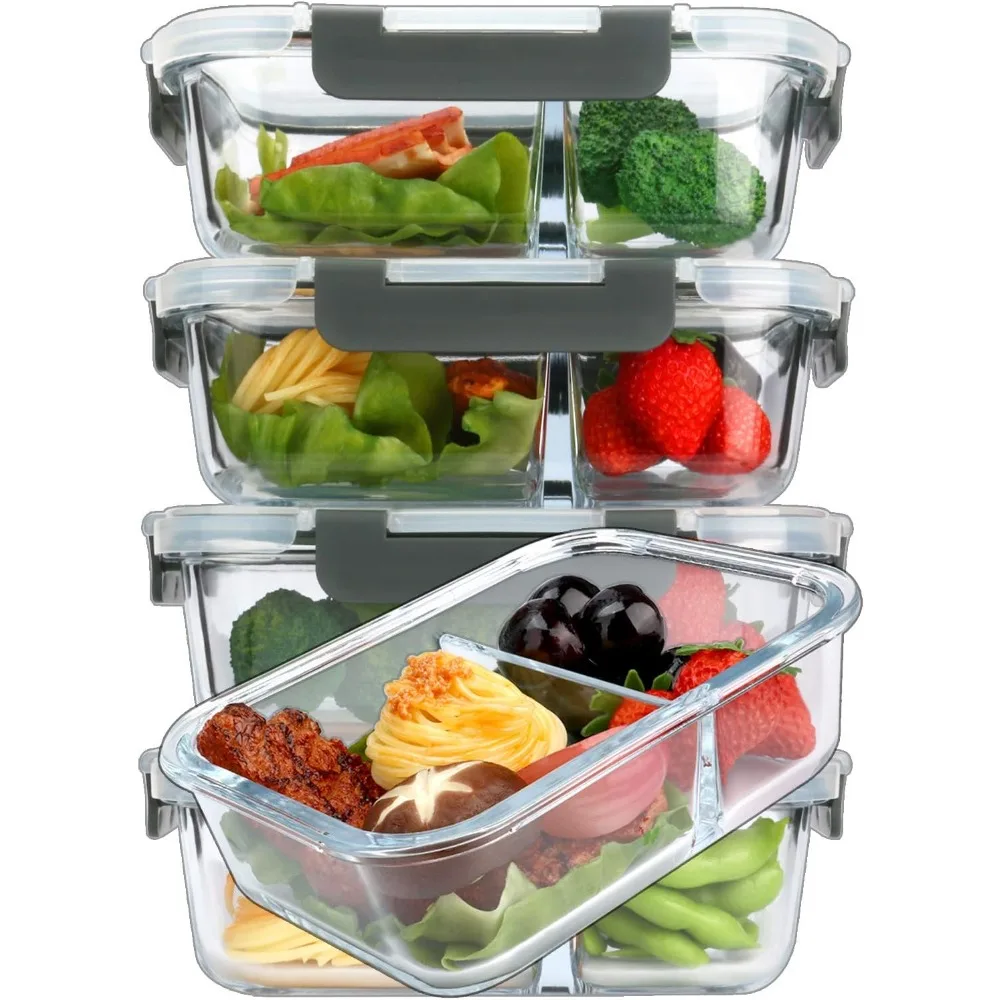 

5-Pack Glass Meal Prep Containers with 2 Compartments, Snap Locking Lids, Microwave Oven Freezer Dishwasher Safe (4.5 Cups)