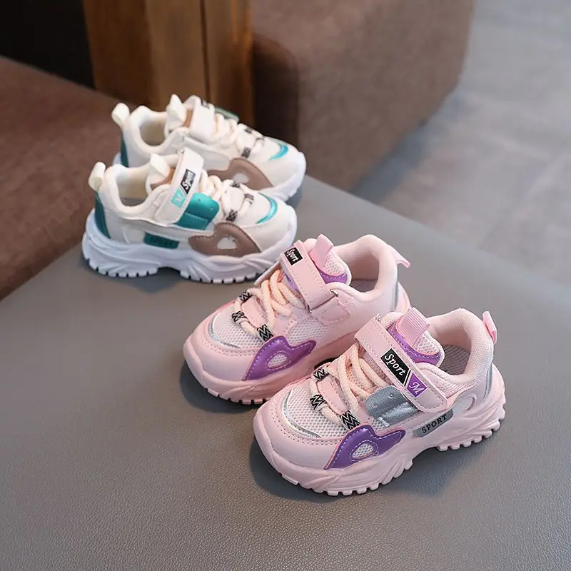 Spring Girls Sports Shoe2026 New Korean Version Lace Child Mesh Breatha Soft Shoe Casual Girl Walking Travel Shoe Child Flatshoe