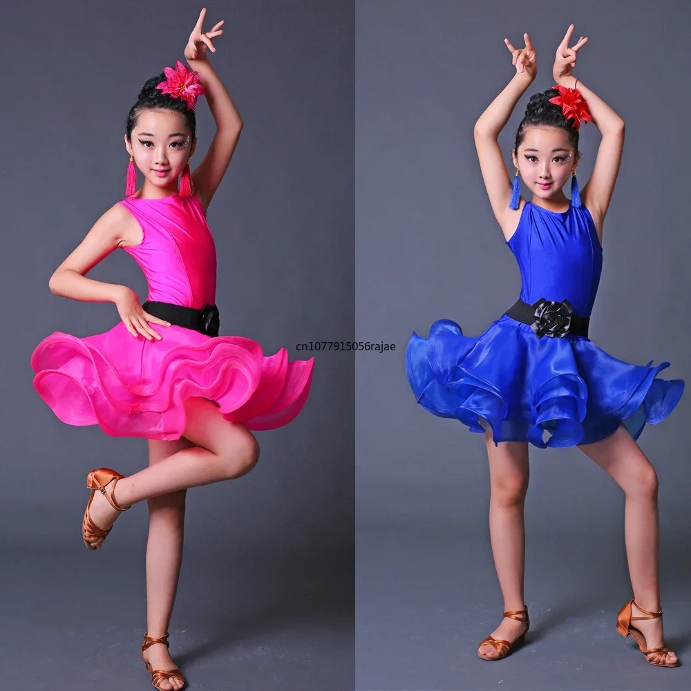 Vestido de dança latina profissional para meninas, roupas de salão para crianças, trajes de palco para crianças, azul e vermelho, festa salsa