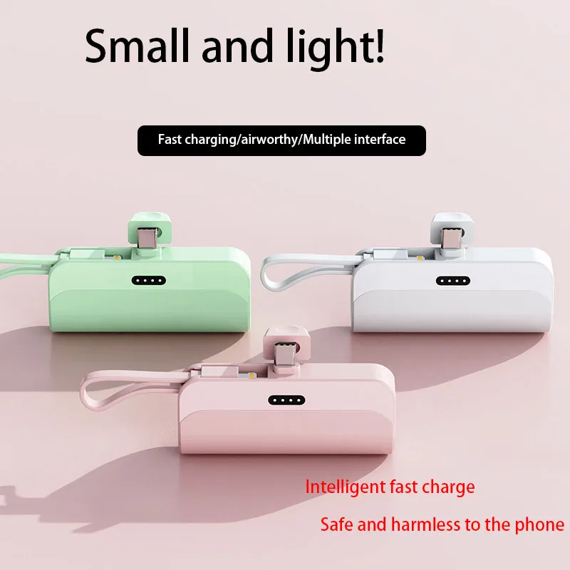 

5000mAh Mini Power Bank Built in Cable Portable Powerbank External Battery Charger for iPhone 15 Xiaomi Huawei Samsung poverbank