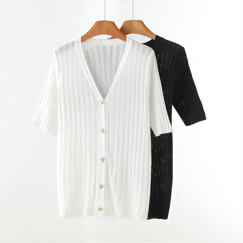 

Summer Women's Short Sleeve V-Neck Knitted Cardigan 100% Cotton Ice Silk Cool T-Shirt Top for Warm Weather Comfort