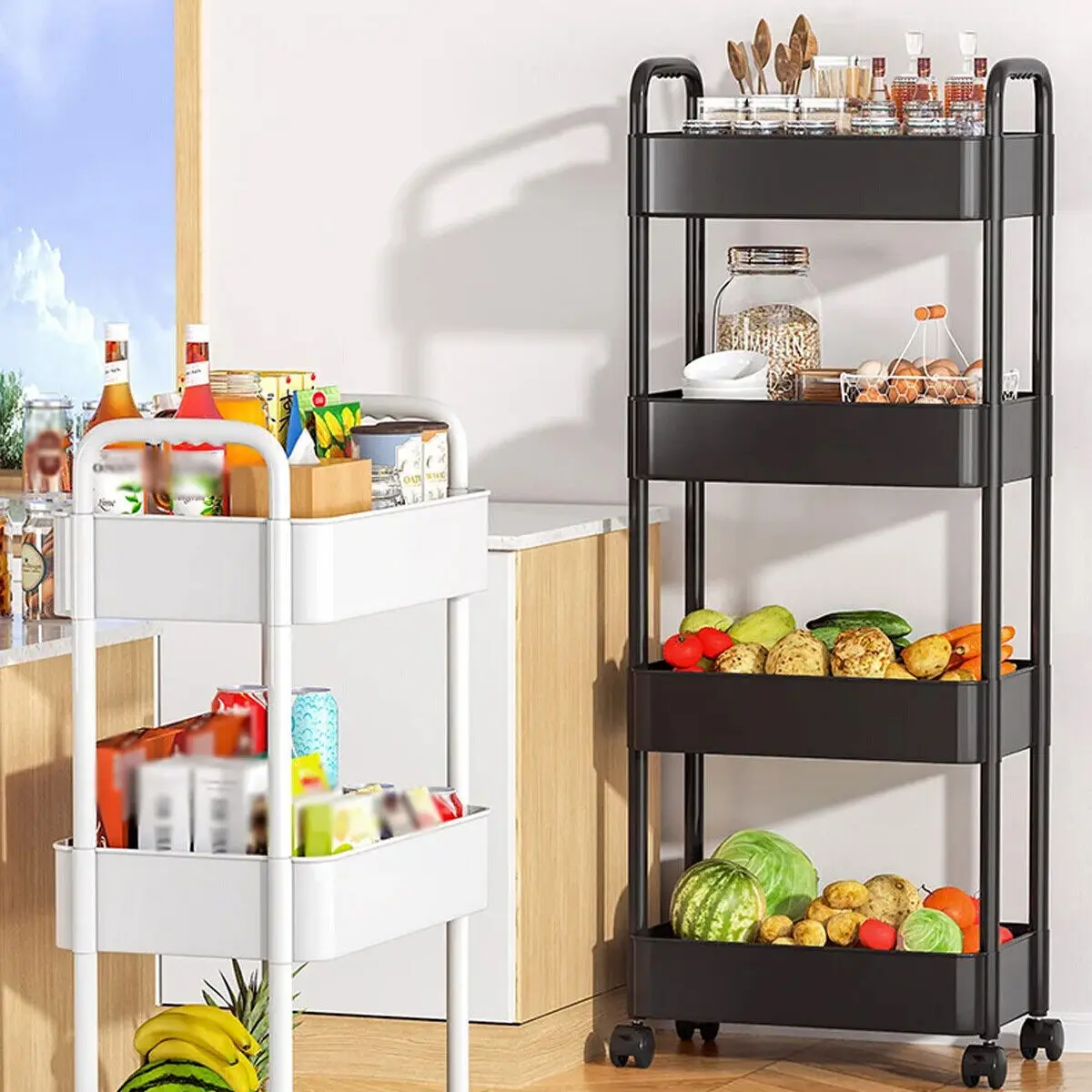 3/4Tier Mobile Storage Rack Trolley Multi-Layer Storage Racks Organizer Household Kitchen Multifunctional Cart With Wheels Shelf