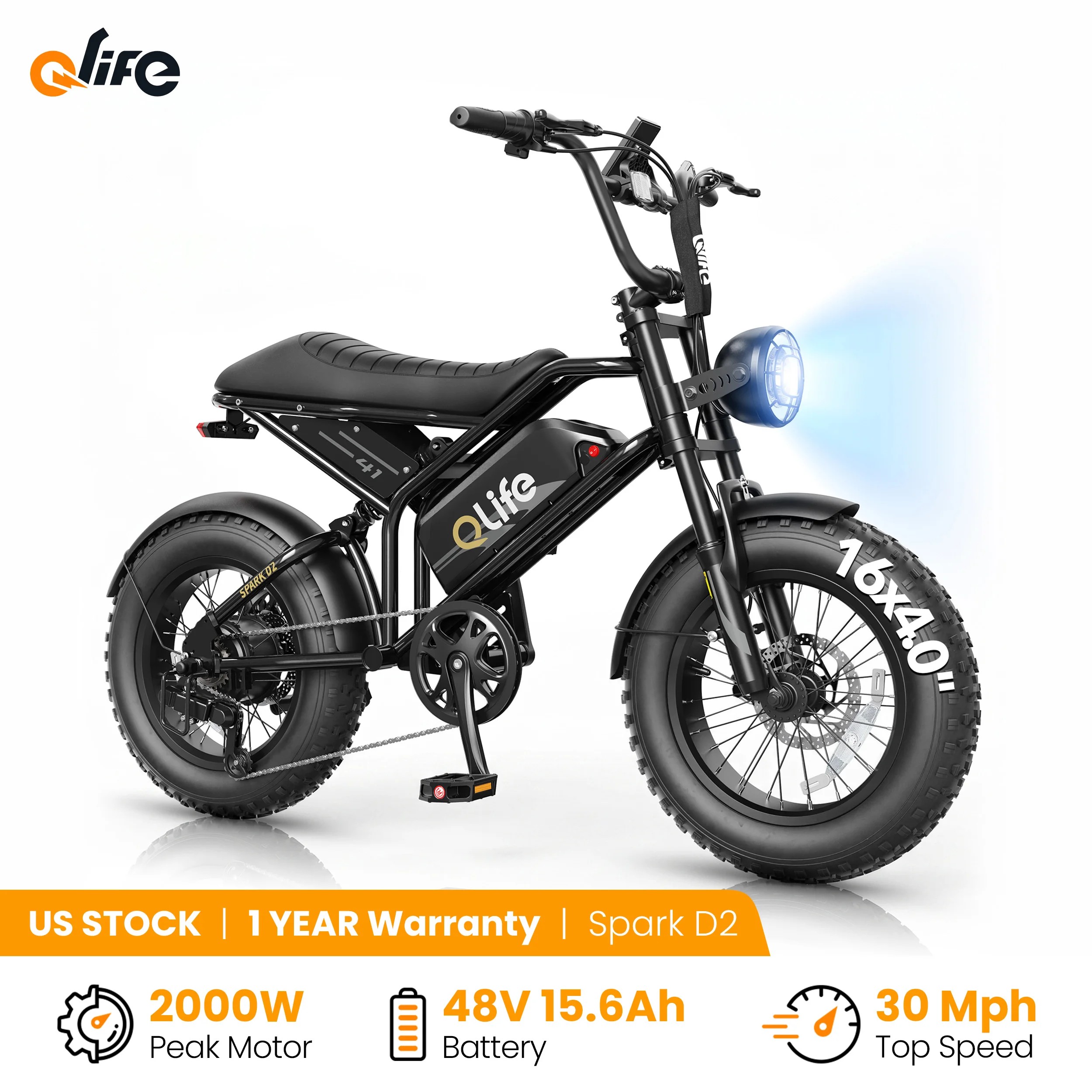 Qlife Spark D2 Electric Bike for Adults, 2000W Peak Motor 48V 15.6 Ah, 16" Fat Tires Electric Mountain Bike, 30 MPH 65Mi Range Off-Road Ebike with Full Suspension