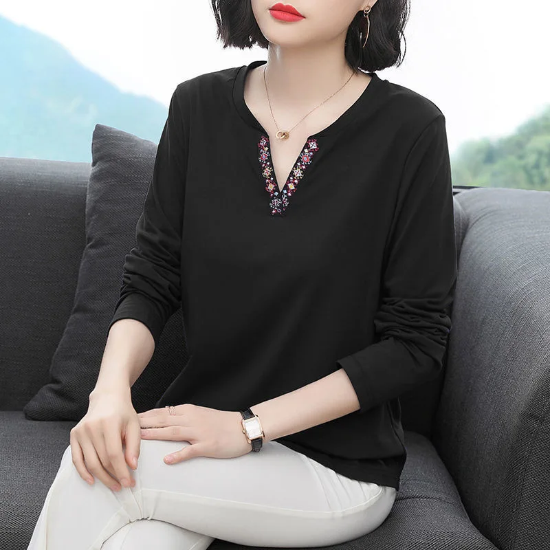 2023 Spring New Fashion T Shirt Woman V Neck Long Sleeve T-shirt Woman Korean Style Shirt Women Shirts