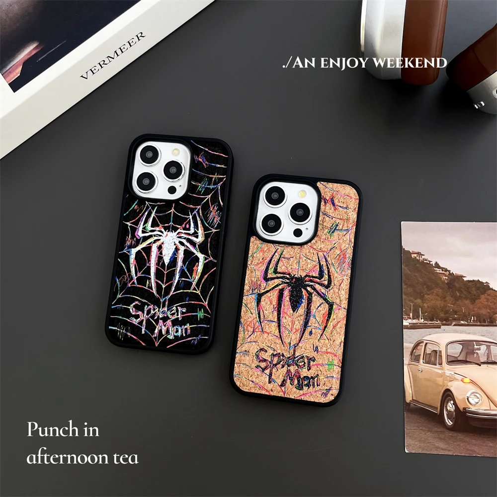 Luxury S-Spider-Man Magnetic Black Wooden Phone Case protection For iPhone 15 14 13 12 Pro Max Magsafe Wireless Charge Coque