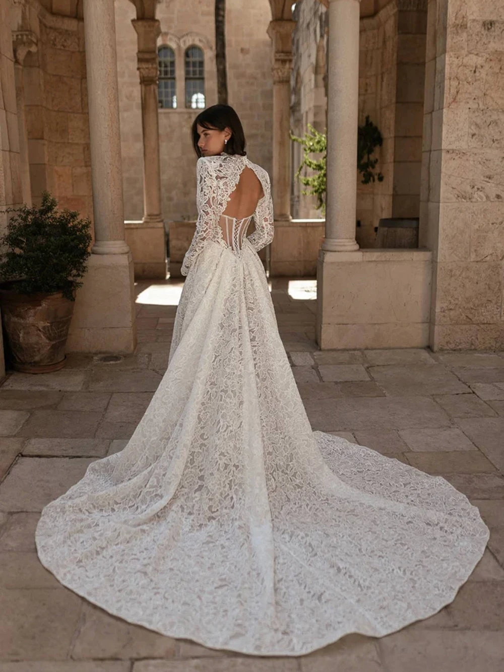 Vintage Full Lace Wedding Dress With High Slit Elegant Two Pieces Customized Bridal Gown Romantic A Line Corset Bride Wear