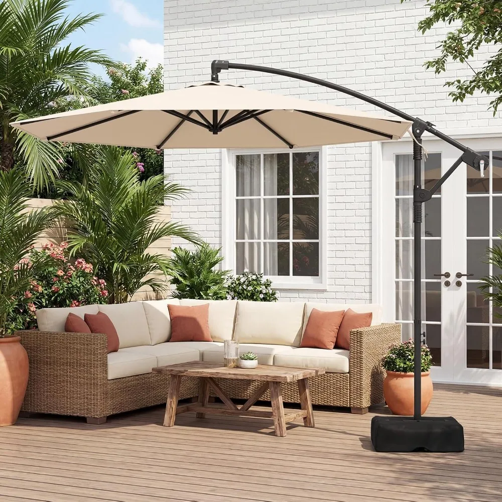 10ft Offset Cantilever Patio Umbrella with Base, 360° Rotation, Crank Lift, UV-Protective Canopy, Beige