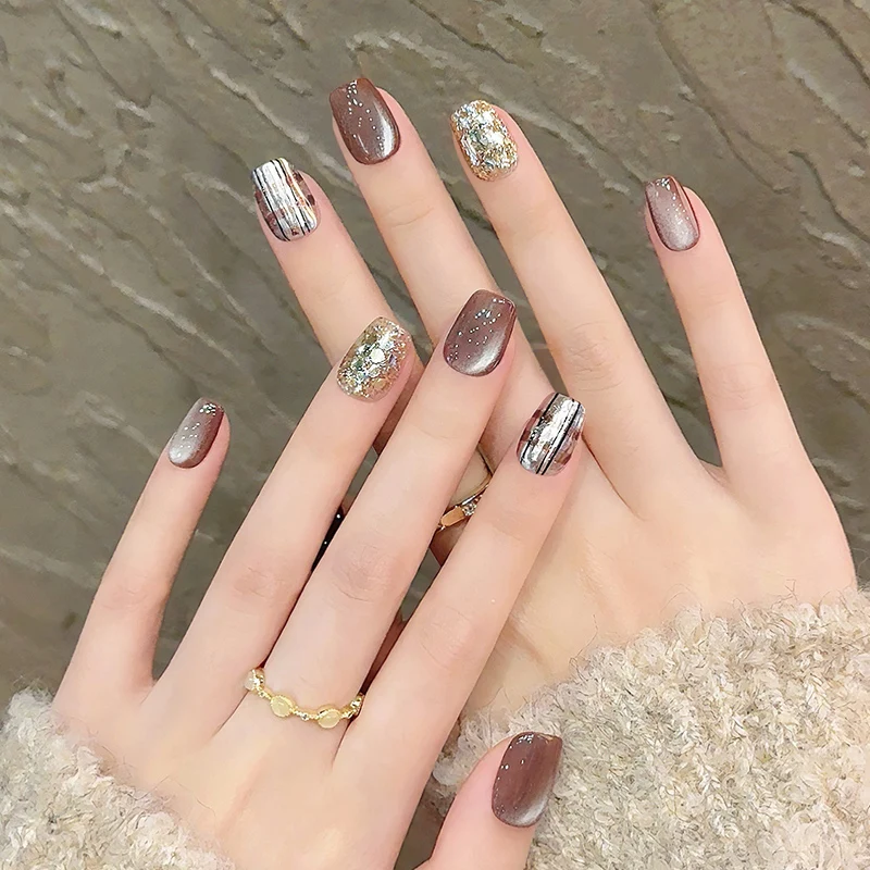 10pcs Short Square False Nails Glitter Stripe Simple Brown Cat Eye Full Cover Detachable Fake Nail Tips Faux Fingernails 네일팁