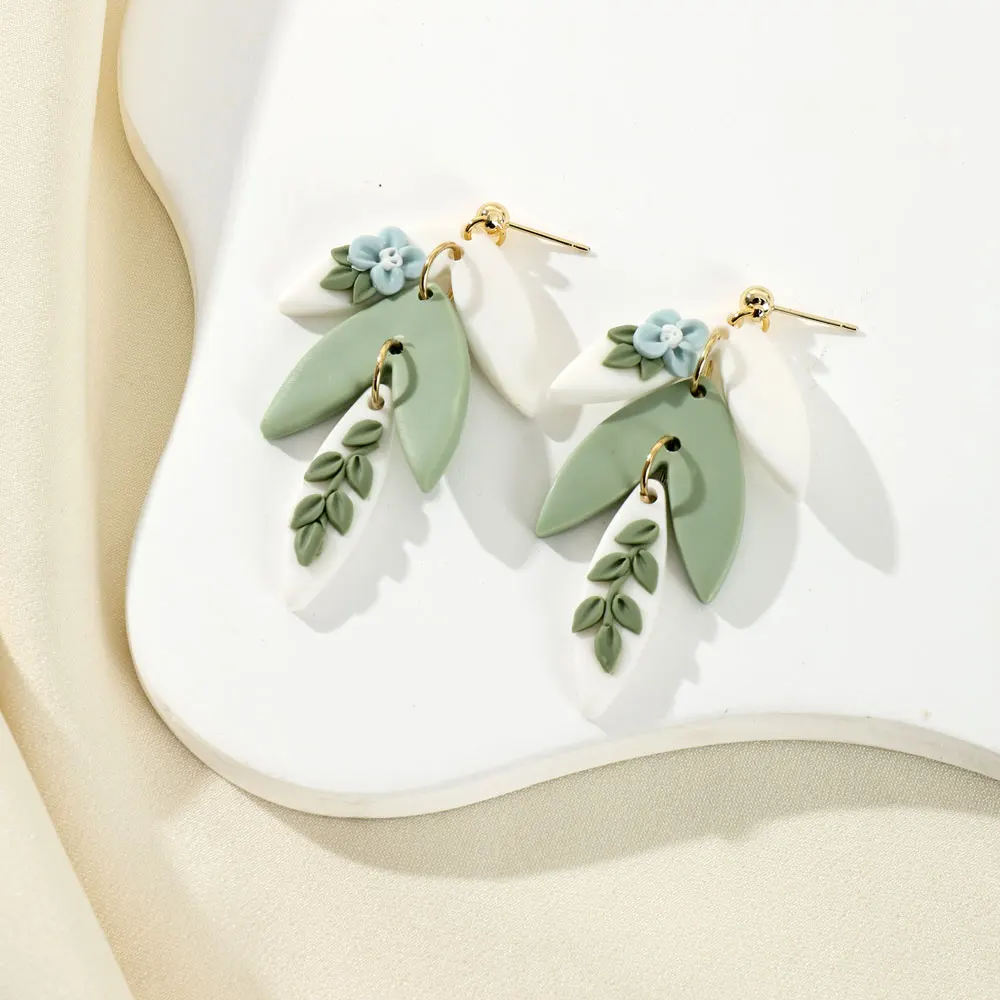 Süße 3D handgemachte Blume Blatt Polymer Clay Tropfen Ohrringe Kollision Farbe grün blau Blatt baumeln Ohrringe für Frauen Schmuck Geschenke