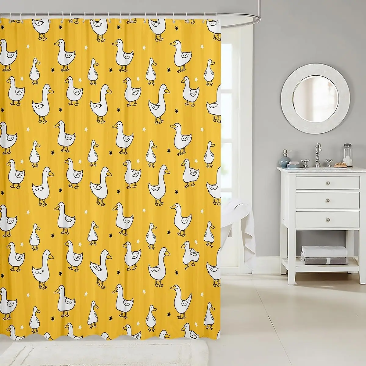 Cartoon Duck Shower Curtain for Kids Boys Girls,White Goose Bathroom Curtain,Lovely Stars Bath Curtain,Farmhouse Rustic Animal