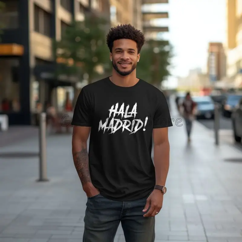 هالا مدريد خطابات طباعة الجرافيك تي شيرت الرجال الصيف القطن عادية كم قصير تي شيرت المتضخم تيز بلايز الشارع الشهير