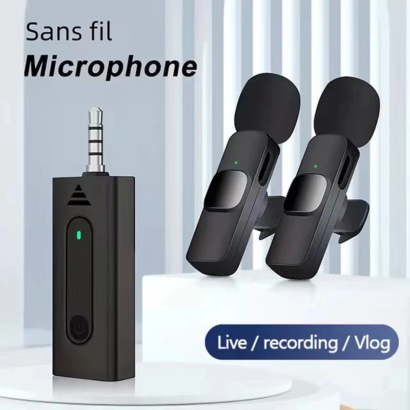 Micrófono de solapa inalámbrico profesional Bluetooth doble con botón para iPhone Android celular PC 6