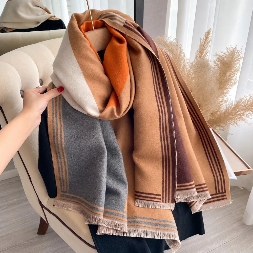 Luxury Warm Double Sided Scarf Soft Plaid Pattern Cashmere Feel Scarf Thick Over-Sized Fringe Edge Scarf Gift